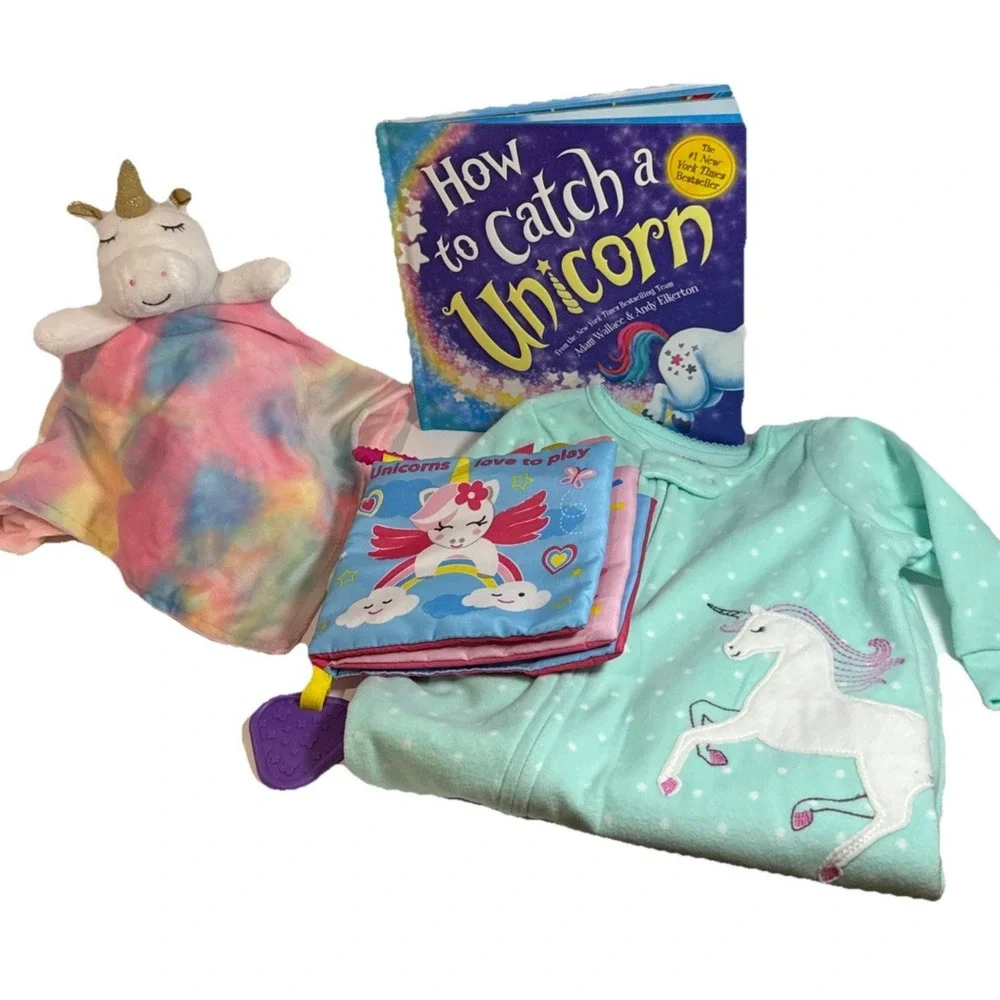 Baby Girl Shower Gift, Newborn Unicorn Present, 2 Unicorn Books, Pajamas & Lovey